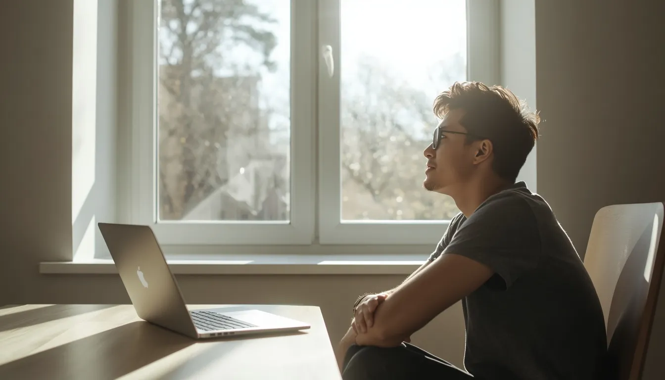 Person sitting near window away from laptop