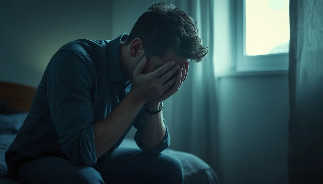 Stressed man holding his face due to emotional overload