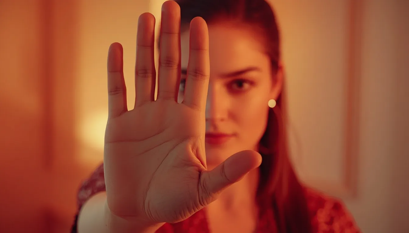 Woman calmly holding up her hand to set a firm boundary