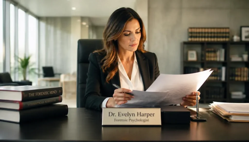 Forensic psychologist reviewing legal case files