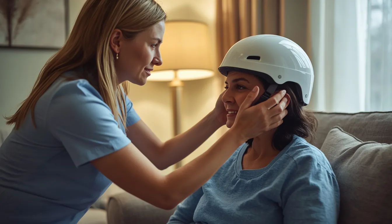 Caregiver assisting patient with safety headgear