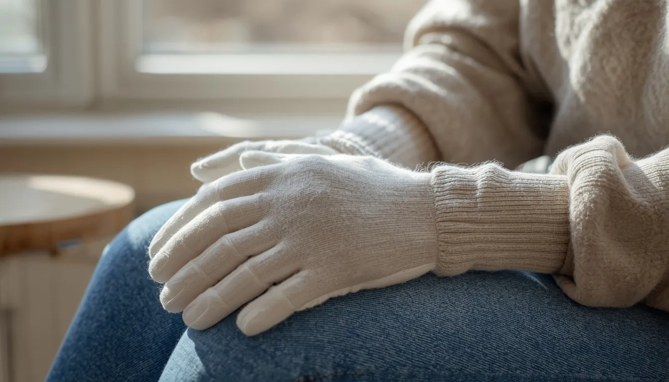 Hands wearing cotton gloves to prevent picking