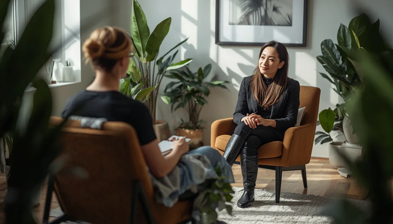 Therapist and patient in a sunny, calm office