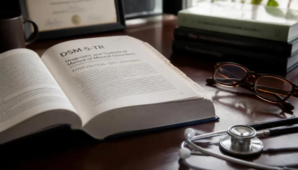 DSM-5-TR manual on desk for PTSD classification