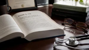 DSM-5-TR manual on desk for PTSD classification