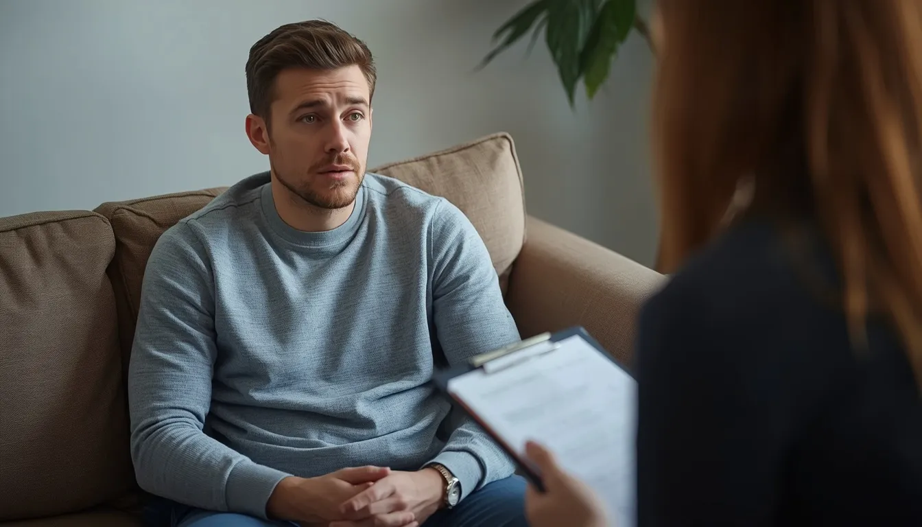 Patient in trauma therapy discussing PTSD symptoms