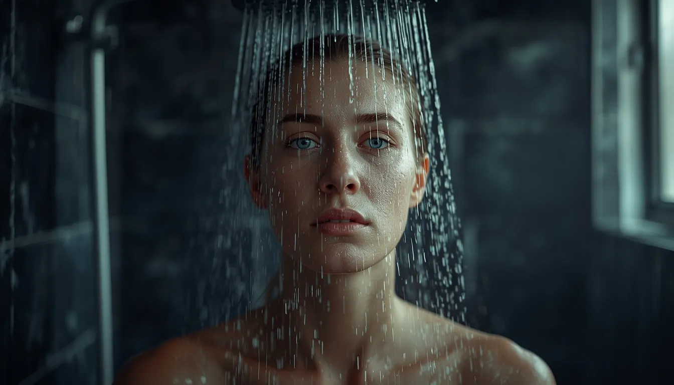Alert person standing under a cold shower