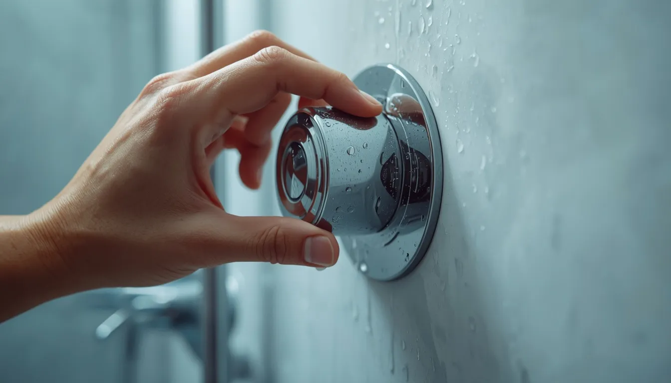 Hand adjusting shower dial to cold temperature