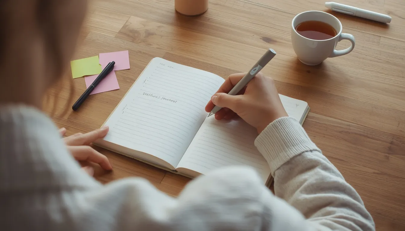 Person tracking mental health notes in journal