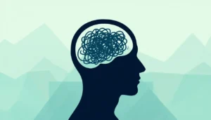Silhouette head with tangled intrusive thoughts