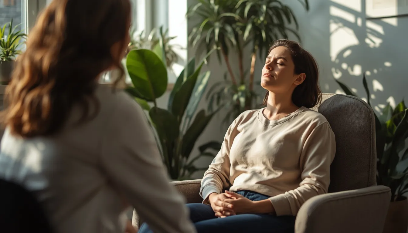 Patient practicing somatic breathing therapy
