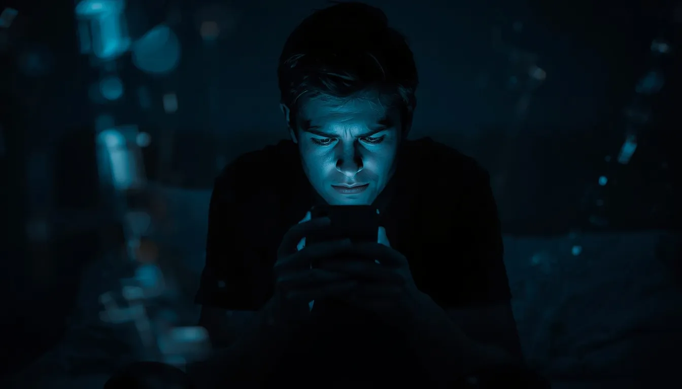 Person doomscrolling on phone at night