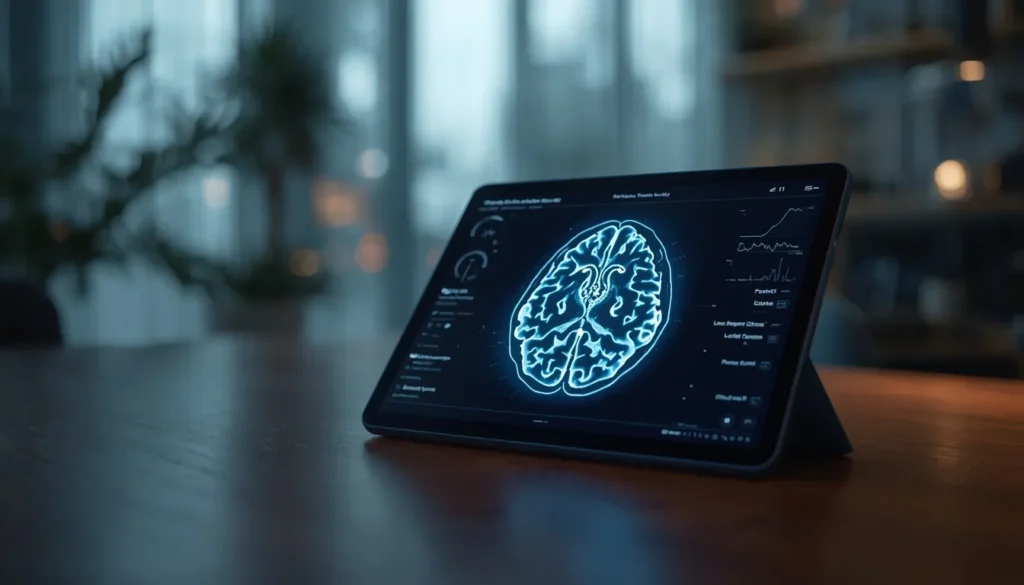 fMRI brain scan showing neuroplasticity on tablet
