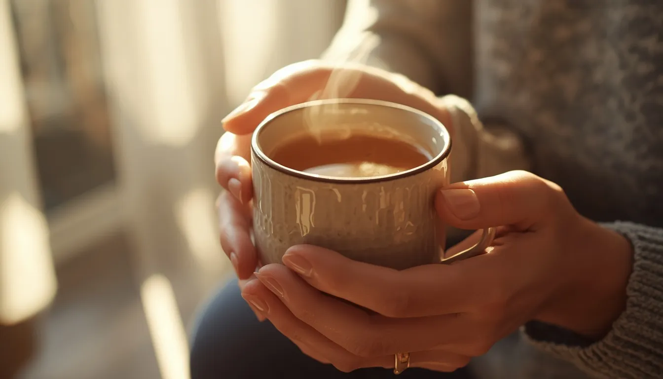 Hands holding a warm mug for grounding