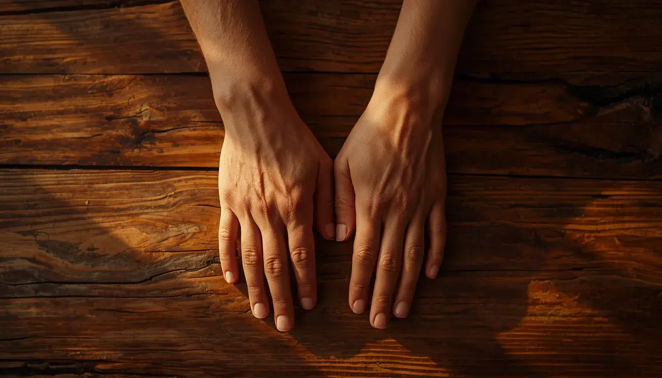 Hands resting on a table for somatic grounding