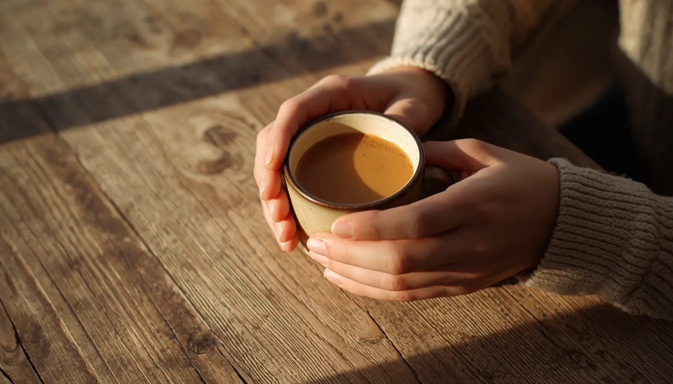 Hands holding a warm mug for anxiety grounding