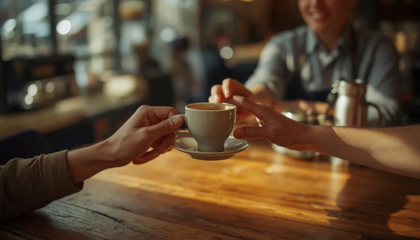 Barista handing coffee to customer