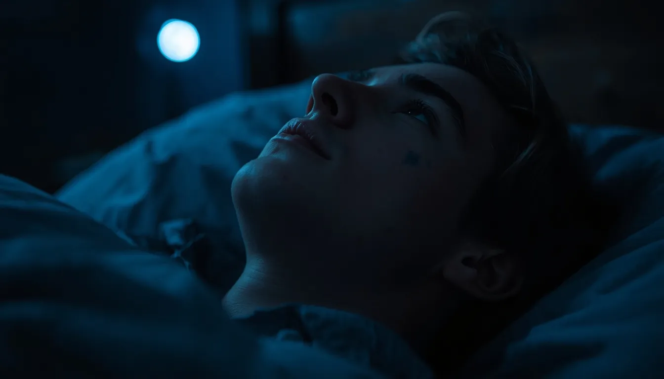 Exhausted person lying awake in bed at night