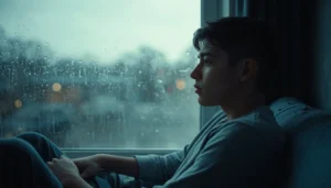 Lonely person looking out a window