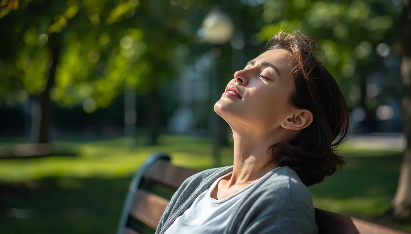 Person practicing deep breathing in a park