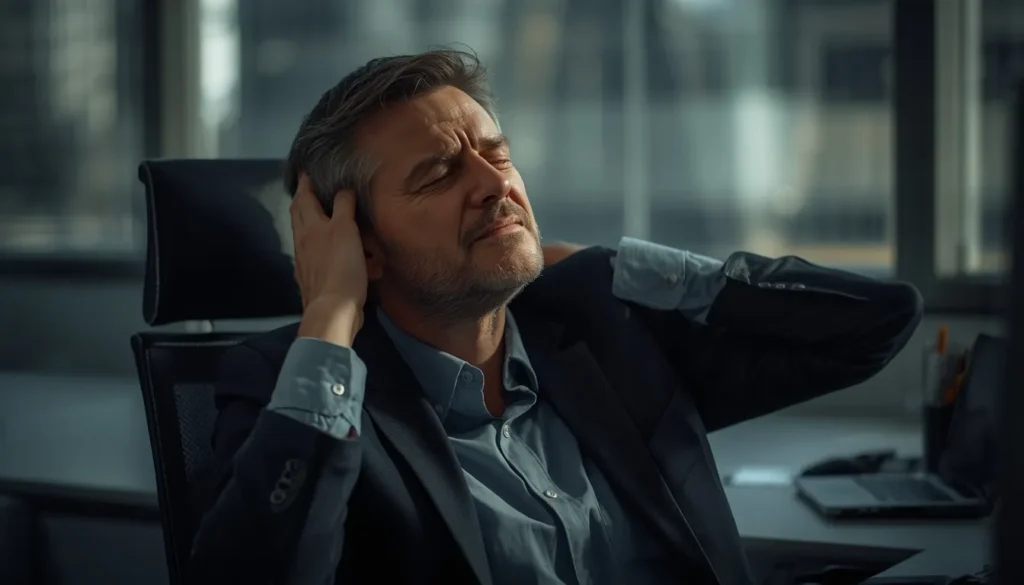 Tired professional rubbing stiff neck at desk