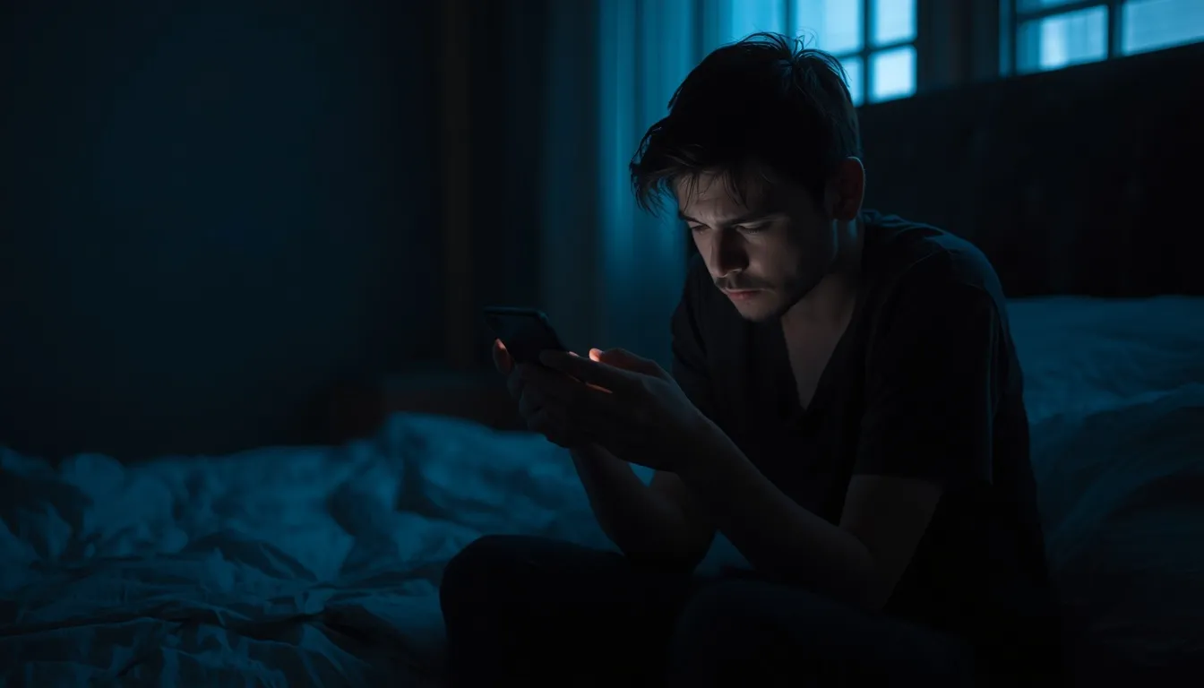 Stressed person holding phone in a dark room