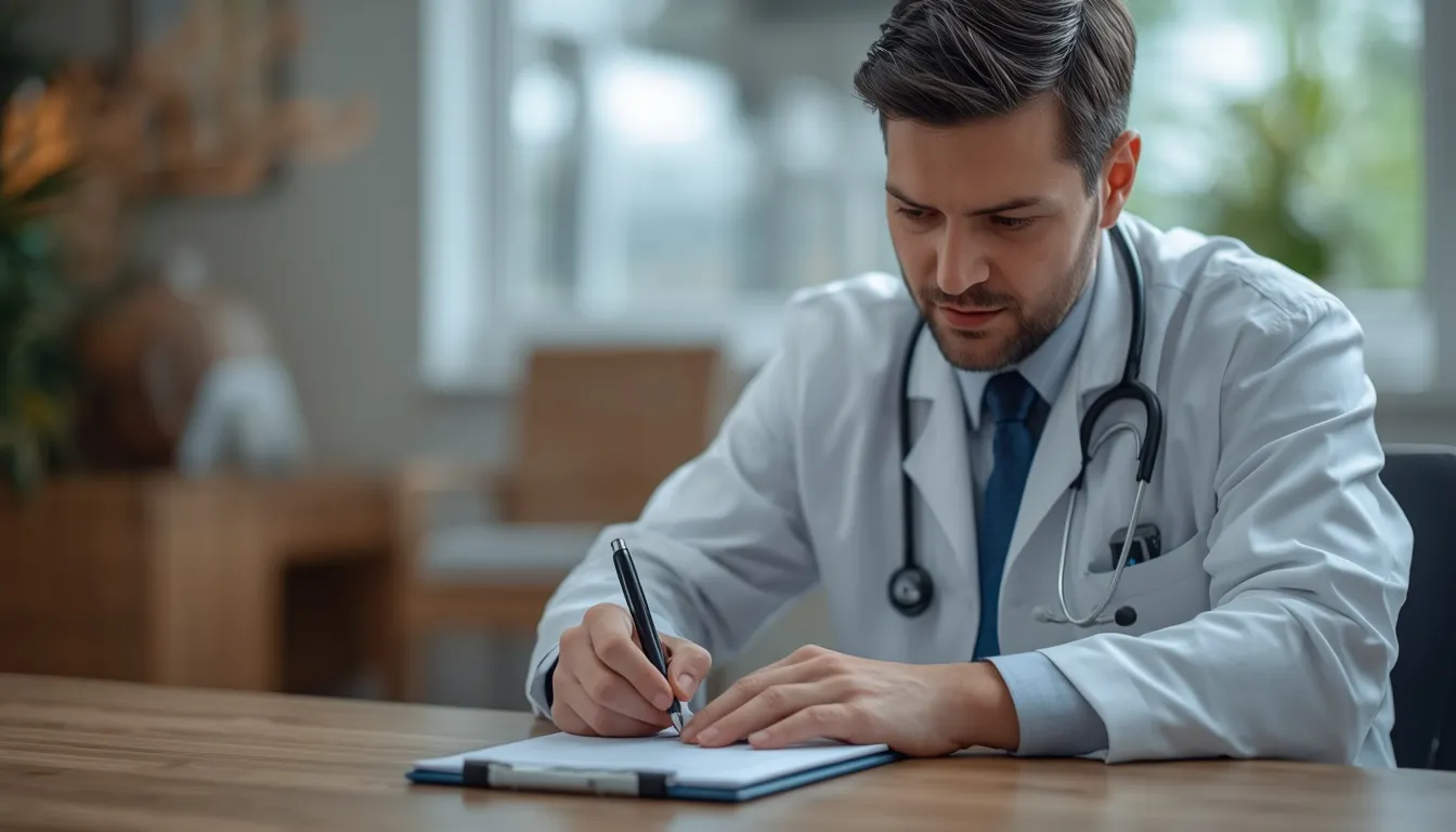 Psychiatrist writing a prescription at a desk