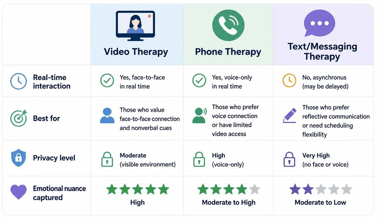 Video vs phone vs text therapy comparison