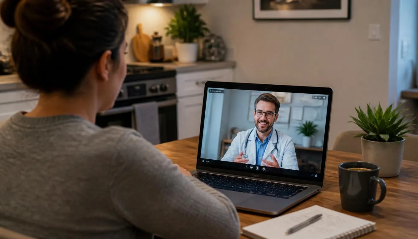 Woman having a telehealth video call on a laptop