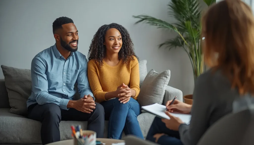 Couple in a serious discussion with a therapist
