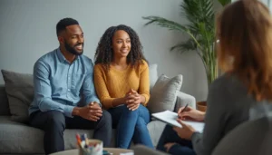 Couple in a serious discussion with a therapist