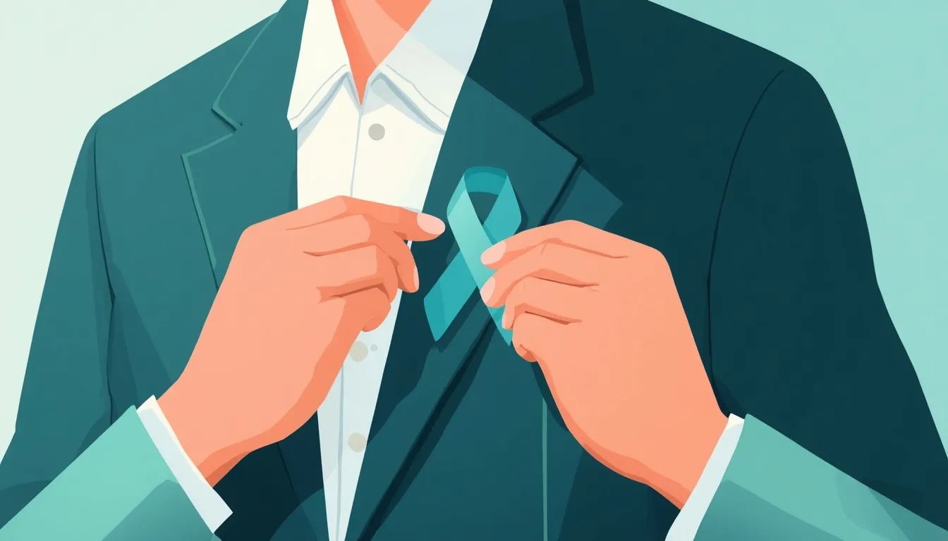 Hands pinning a teal PTSD awareness ribbon